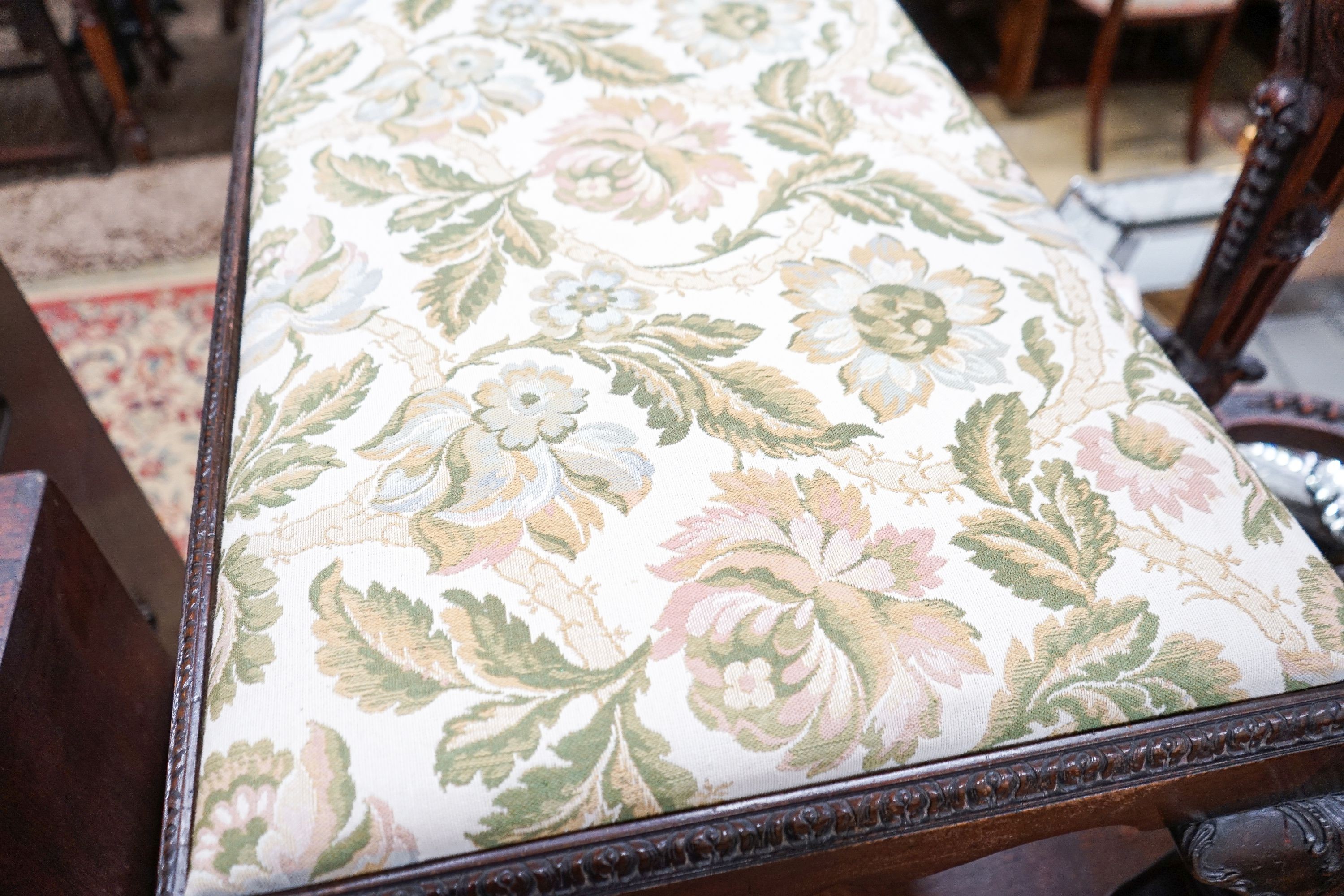 A Chippendale revival rectangular mahogany stool, width 90cm, depth 60cm, height 43cm